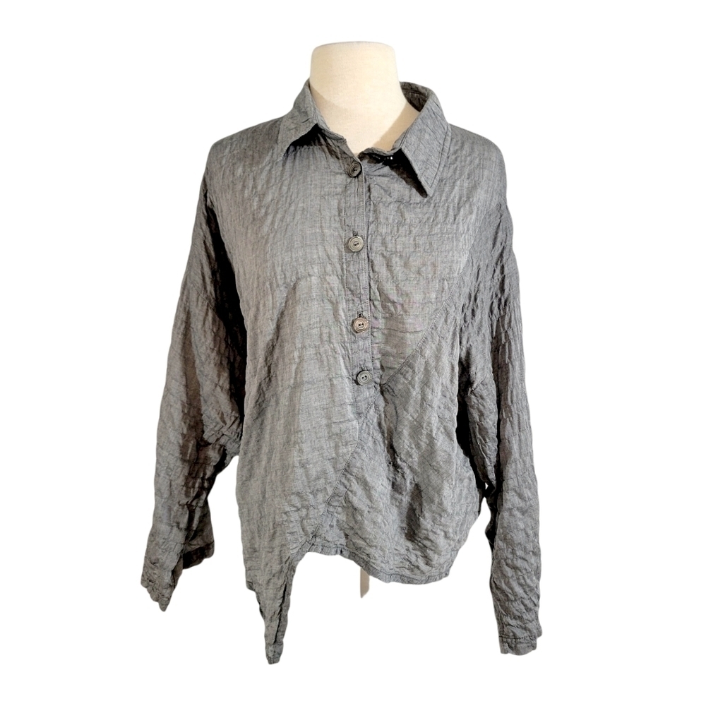 Dress to Kill By Jane Mohr Grey Blue Wrinkle Asymmetric Popover Top